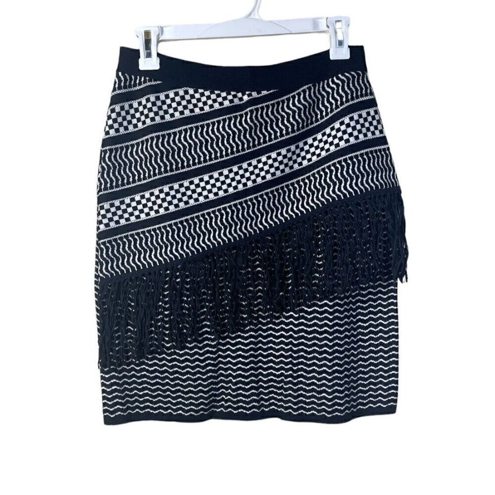 BCBG Maxazria Brionna Fringe Knit Jacquard Pensil Skirt Size S Black White